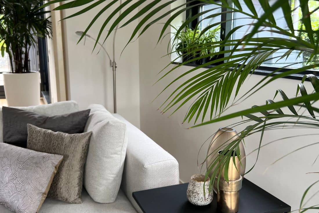 Modern interieur met bruine en gouden accessoires en planten