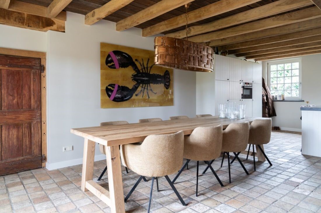 rechthoekige houten eettafel met okergele eetkamerstoelen