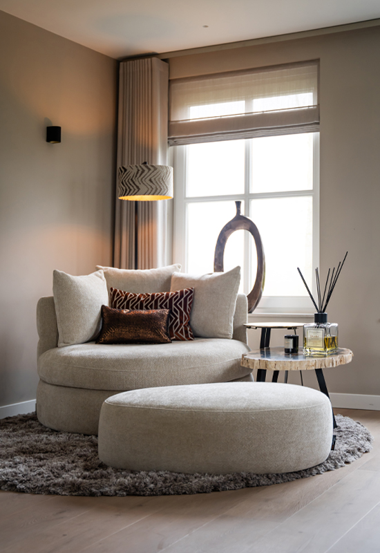 Fauteuil rond stof beige