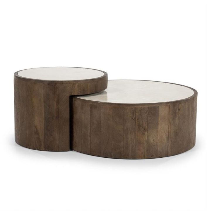 Salontafel set rond bruin hout en beige marmer