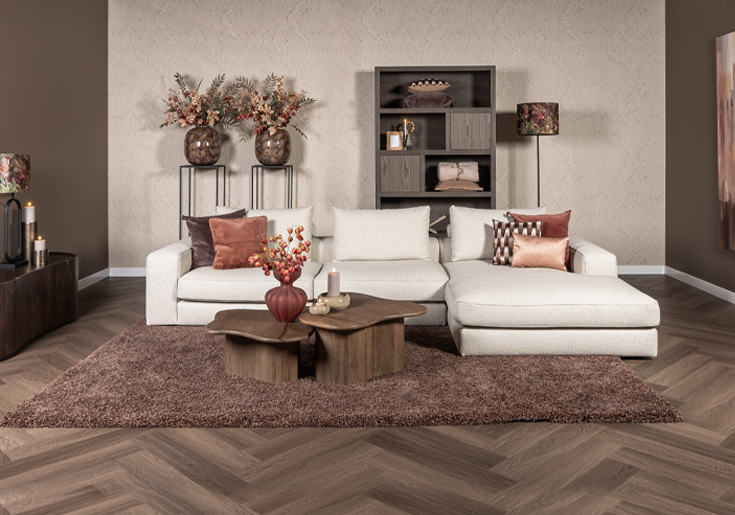 Hoekbank beige liggedeelte met kussens