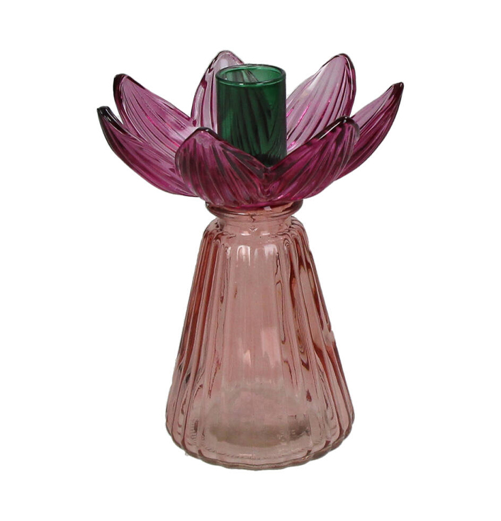 Kandelaar bloem roze groen glas