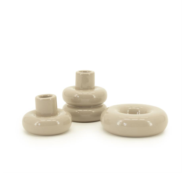Kandelaar set beige porselein rond
